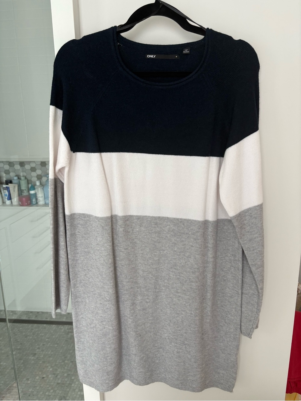 ONLY Women's Colorblock Knit Sweater Dress - Navy, White & Gray